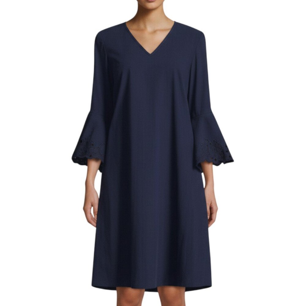 Lafayette 148 Navy Blue Holly Expedition-Cloth Ruffle-Cuff Shift Dress Sz M